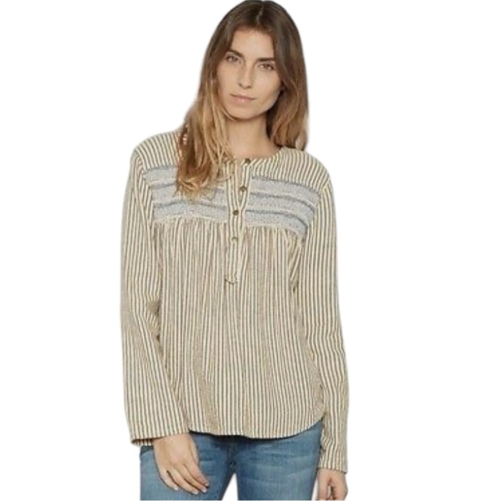 Current Elliott The Retreat Striped Atlas Long Sleeve Henley in Natural Size 1 - Picture 1 of 8